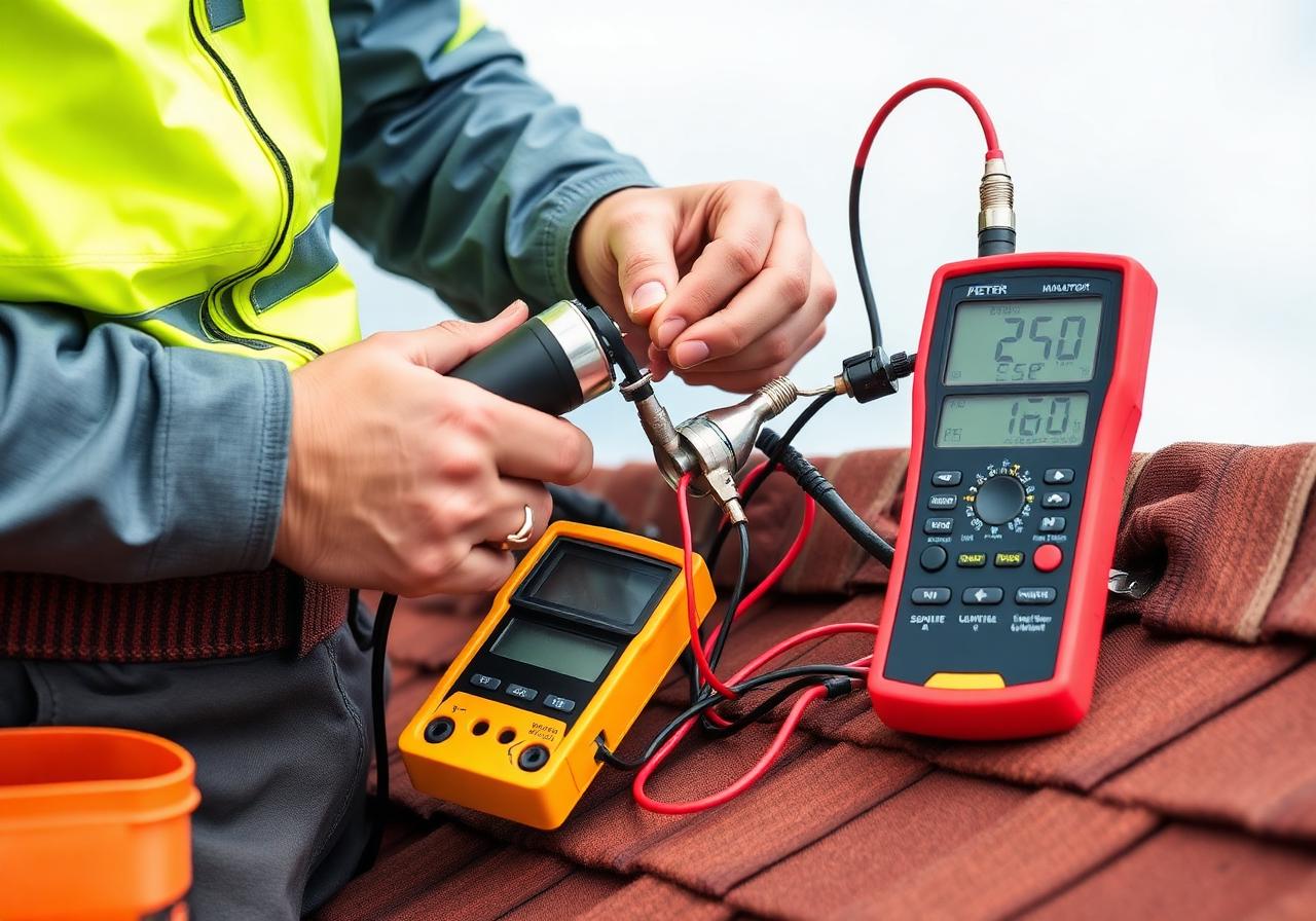 Antenna technician diagnosing a faulty TV signal with a digital signal meter on a Melbourne rooftop