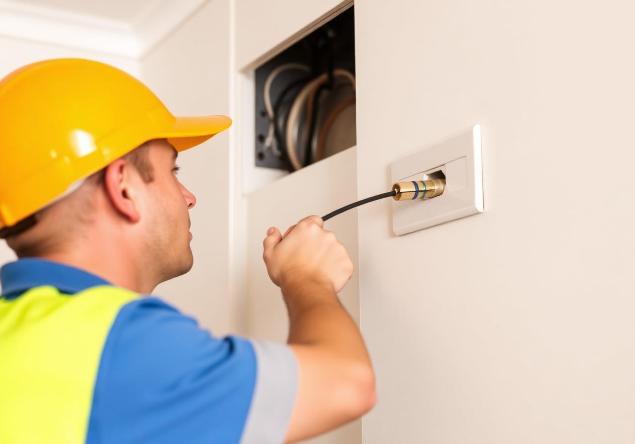 Coaxial cable being neatly fed into a new TV wall point during installation