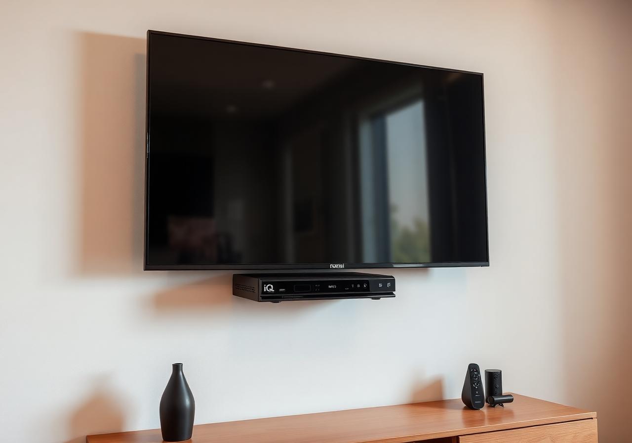 Foxtel iQ set-top box neatly installed beneath a wall-mounted television in a Melbourne living room