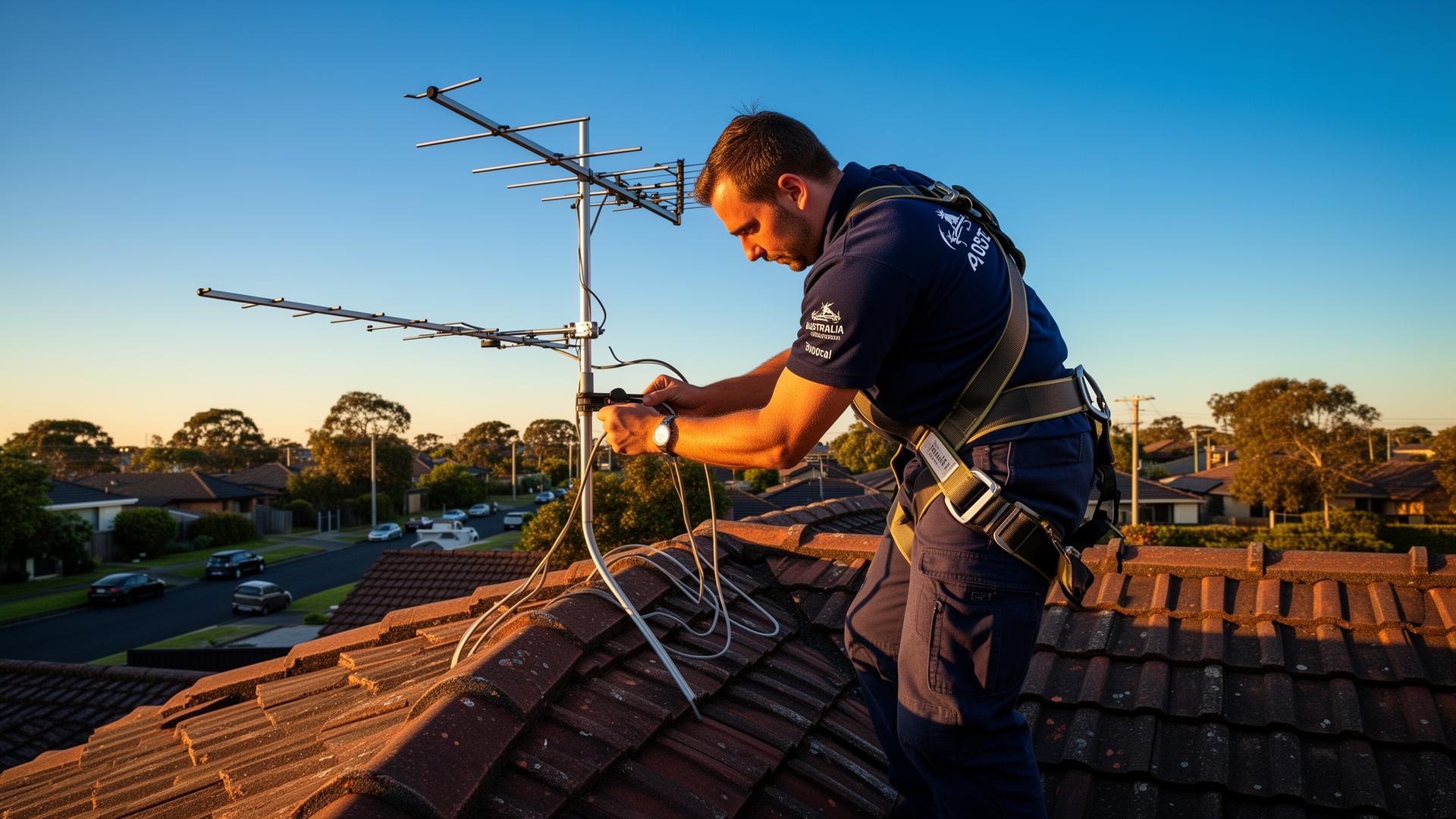 Master Antenna technician installing a digital TV antenna on a Melbourne suburban rooftop at golden hour
