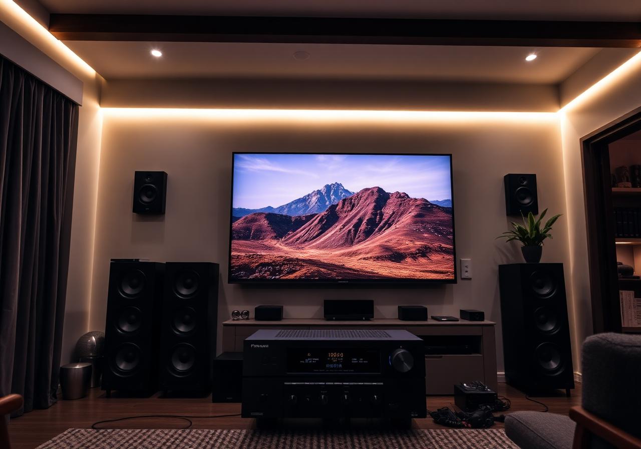 Modern home theatre with surround speakers, AV receiver and large flat-screen TV in a Melbourne home