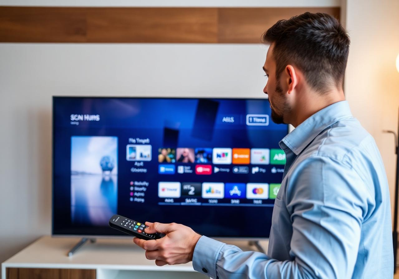 Technician retuning a smart television to scan and sort all available digital channels