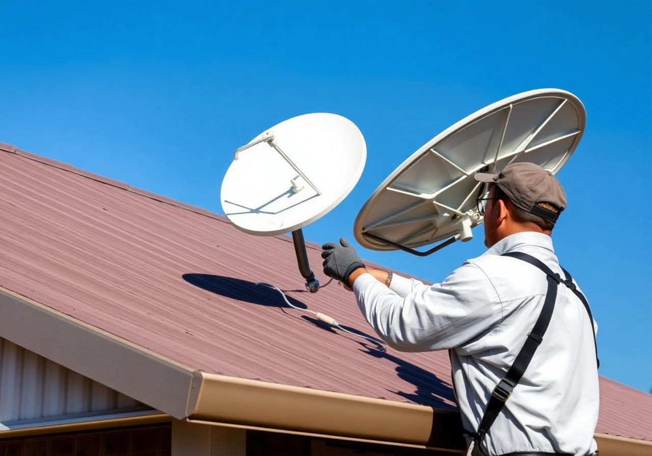 VAST satellite dish installed on a rural Victorian rooftop with clear blue sky